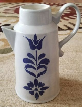 Pottery Vase Hand Turned Pitcher Blue Floral Leaves USA 2
