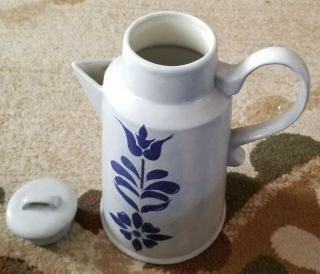Pottery Vase Hand Turned Pitcher Blue Floral Leaves USA 3