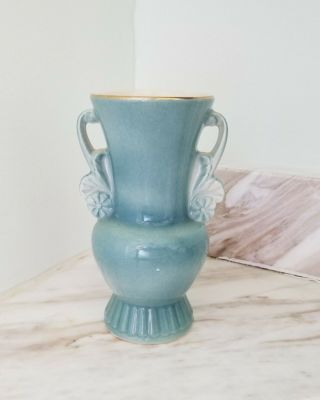 Vintage Royal Copley Vase Green Blue Stoneware Double Handles Gold Trimmed
