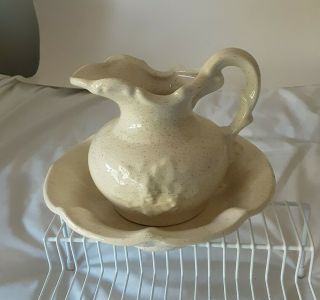 Small Mccoy Pottery Pitcher And Wash Bowl Basin Set Cream Speckled Finish Usa