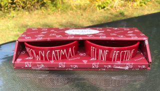 Rae Dunn Ceramic Christmas Red Meowy Catmas Feline Festive Cat Dish Set Nib Nwt