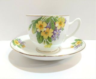 Vintage Duchess Bone China Tea Cup Saucer White Porcelain Yellow Purple Floral