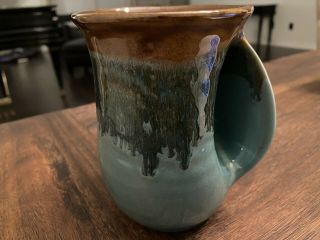Neher Pottery Right Hand Warmer Mug Coffee Tea Cup Green Purple Blue Signed 2014