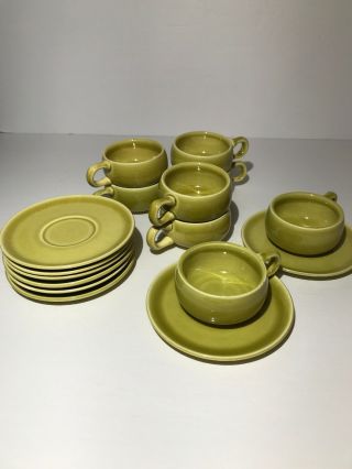 Vintage Russel Wright By Steubenville 1 Chartreuse Demitasse Cups & Saucers.