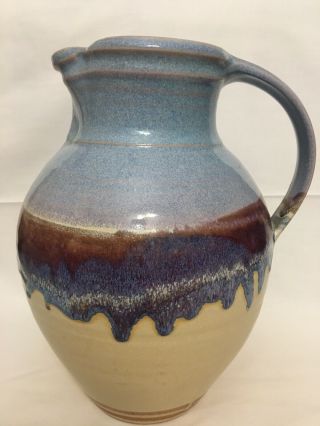 Vintage Handmade Pottery Ceramic Jug Clay Blue Glaze Vase Signed By Artist 89’