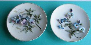 Set Of Two Lefton China Hand Painted 3d Floral Round Wall Plates.
