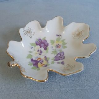 Vintage Ceramic Leaf Shape Floral Trinket Dish Gold Trim Mb Made In Japan 5 "