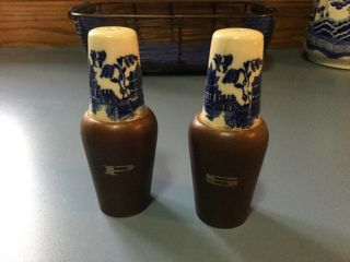 Blue Willow Porcelain And Wood Base Salt And Pepper Shakers