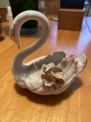 Capodimonte Vintage Large Swan W/flower Sculpture Signed White Porcelain Italy