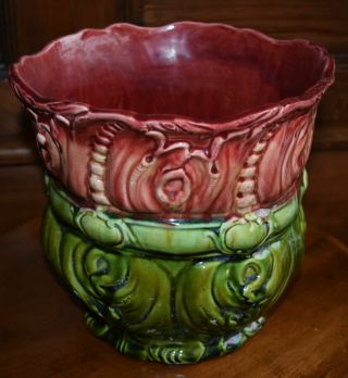 Antique Blended Glaze Jardiniere Planter Vase Pink Green 8 " Tall