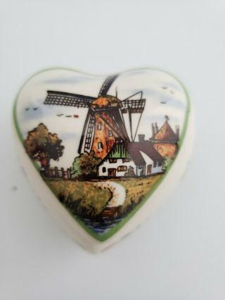 Delftware Miniature Hand Painted Heart Trinket Box With Lid Holland Windmill