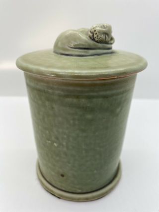 Modern Arts Crafts Revival Matte Green Studio Pottery: Lidded Jar W/cat Handle.
