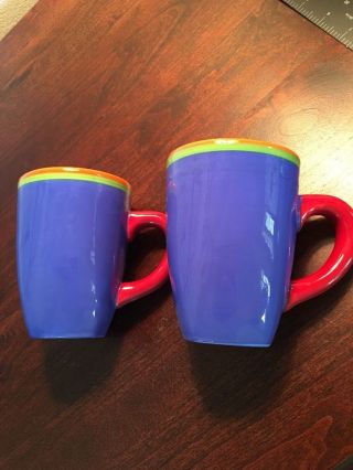 2 Dansk Red Blue Orange Green Multi - Color Hand Painted Coffee Mugs.  Set Of 2.