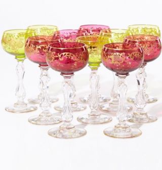 Set Of 11 Antique French Saint Louis Chanteuse Ruby Red Gilded Wine Glasses
