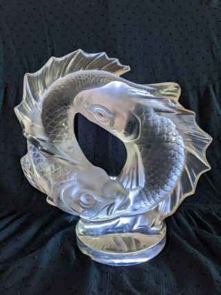 Lalique Crystal Double Circling Koi Fish Sculpture Signed Deux Poissons