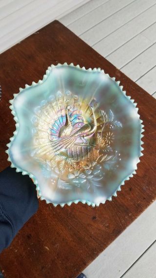 Aqua Opalescent Northwood Carnival Glass Peacocks On The Fence Bowl Unstippled
