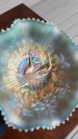 Aqua Opalescent Northwood Carnival Glass Peacocks on the Fence Bowl Unstippled 2