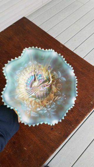 Aqua Opalescent Northwood Carnival Glass Peacocks on the Fence Bowl Unstippled 3