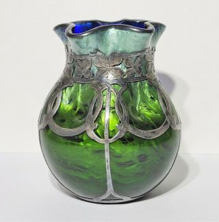Antique Bohemian Loetz Titania Art Glass Vase W Silver Overlay