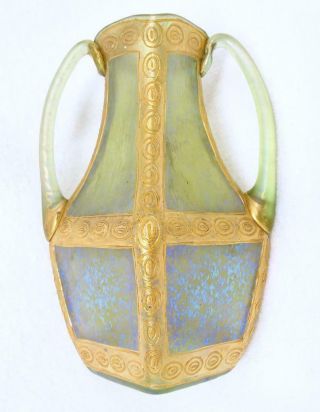 Antique Loetz Green Iridescent Glass Gold Accent Vase Signed