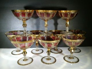 10 Bohemian Antique Cranberry Red Cabochon Moser Glasses Hand Painted With Gol