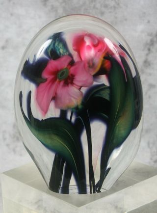 Large Vtg Charles Lotton Art Studio Glass Lampwork Dos Flors Flowers Paperweight