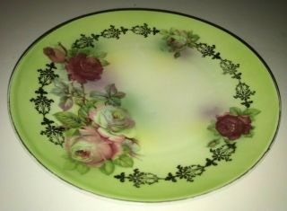 Decorative Fine Bone China Hand Painted Small Plate Green With Roses Gold Trim