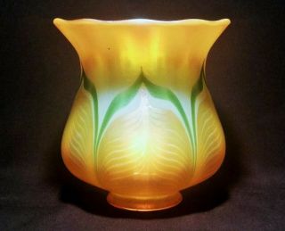 1902 Quezal Nyc Studio Art Glass Lamp Shade Pulled Feather Globe Vtg Gold Green
