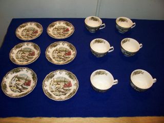 Johnson Bros Friendly Village " The Ice House " Set Of 6 Tea Cups & Saucers
