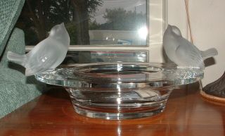 Lalique Crystal Deux Moineaux Centerpiece Birdbath Bowl With Sparrows