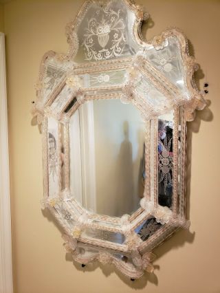 Extra Large Vintage Venetian Murano Glass Etched Moulded Mirror Italy 51” X33.  5”