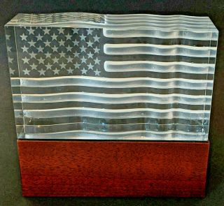Stueben Glass Star Spangled Banner American Flag Art Glass Sculpture With Base