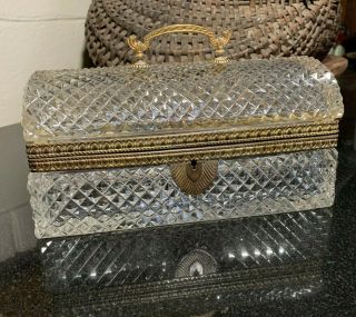 Baccarat Diamond Cut Crystal,  Bronze Dore & Handled Hinged Dome Lid Casket Box