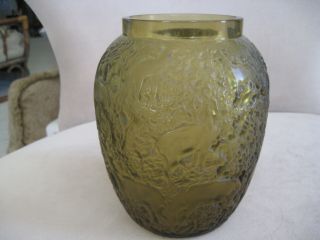 Lalique " Biches " Deer Pattern Green - Amber Frosted Crystal Vase