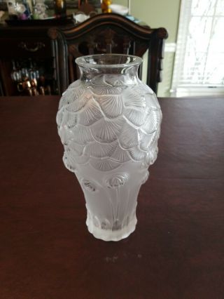 Large Vintage Lalique France Signed Crystal Vase Giverny Pattern 11 1/2 "