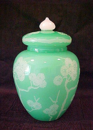 Steuben Art Glass Green Jade Over Alabaster Japanese Acid Cut Back Covered Jar