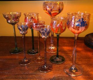 8 Bohemian Enamel Decorated Wine Goblets Meyr 