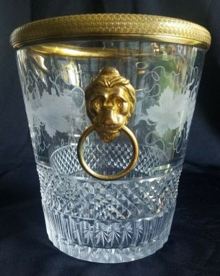 Vintage Baccarat Crystal Etched Ice Bucket Gilt Bronze Ormolu Lion Head Handles