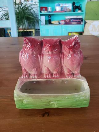 Fapco Fredericksburg Art Pottery Three Pink Owls On Green Tree Log Planter Boho