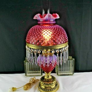 Fenton Cranberry Opalescent Hobnail - Gone With The Wind Lamp W/ Hanging Prisms