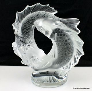 Lalique Crystal Double Circling Koi Fish Sculpture Deux Poissons Large 11 " Tall