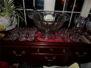 Heisey Ex.  Lg.  Punch Bowl Set Pedestal W/ Cups Silver Plated Ladle Bridal