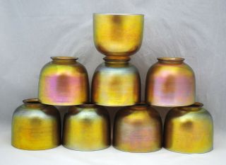 Set Of 8 Signed Steuben Gold Aurene Art Glass Shades