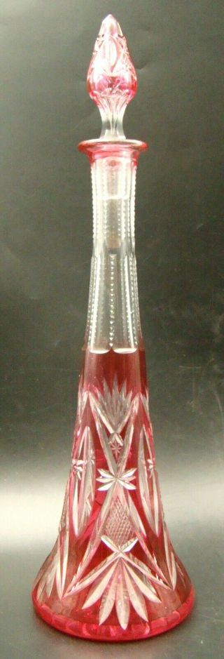 Wonderful Val St Lambert Crystal Cranberry Cut To Clear Wine Decanter,  Ca 1905