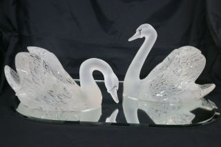 Lalique Frosted Glass Swans On Mirror Plateau