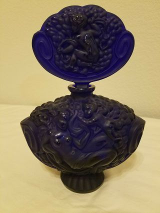 Signed R.  Lalique France Cobalt Blue Perfume Bottle With Nude Lady & Cherub