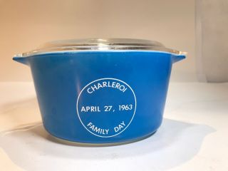 Pyrex Blue Chip Week 1 Qt Casserole Dish Charleroi April 1963 Family Day W/lid