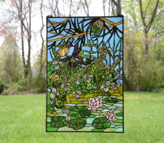 24 " X 36 " Lily Pond Lotus Handcrafted Stained Glass Window Panel