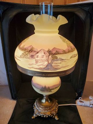 Vintage Fenton Art Glass Old Grist Mill Custard Parlor Lamp - Rare - Hand Painte