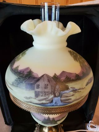 Vintage Fenton Art Glass Old Grist Mill Custard Parlor Lamp - RARE - Hand Painte 2